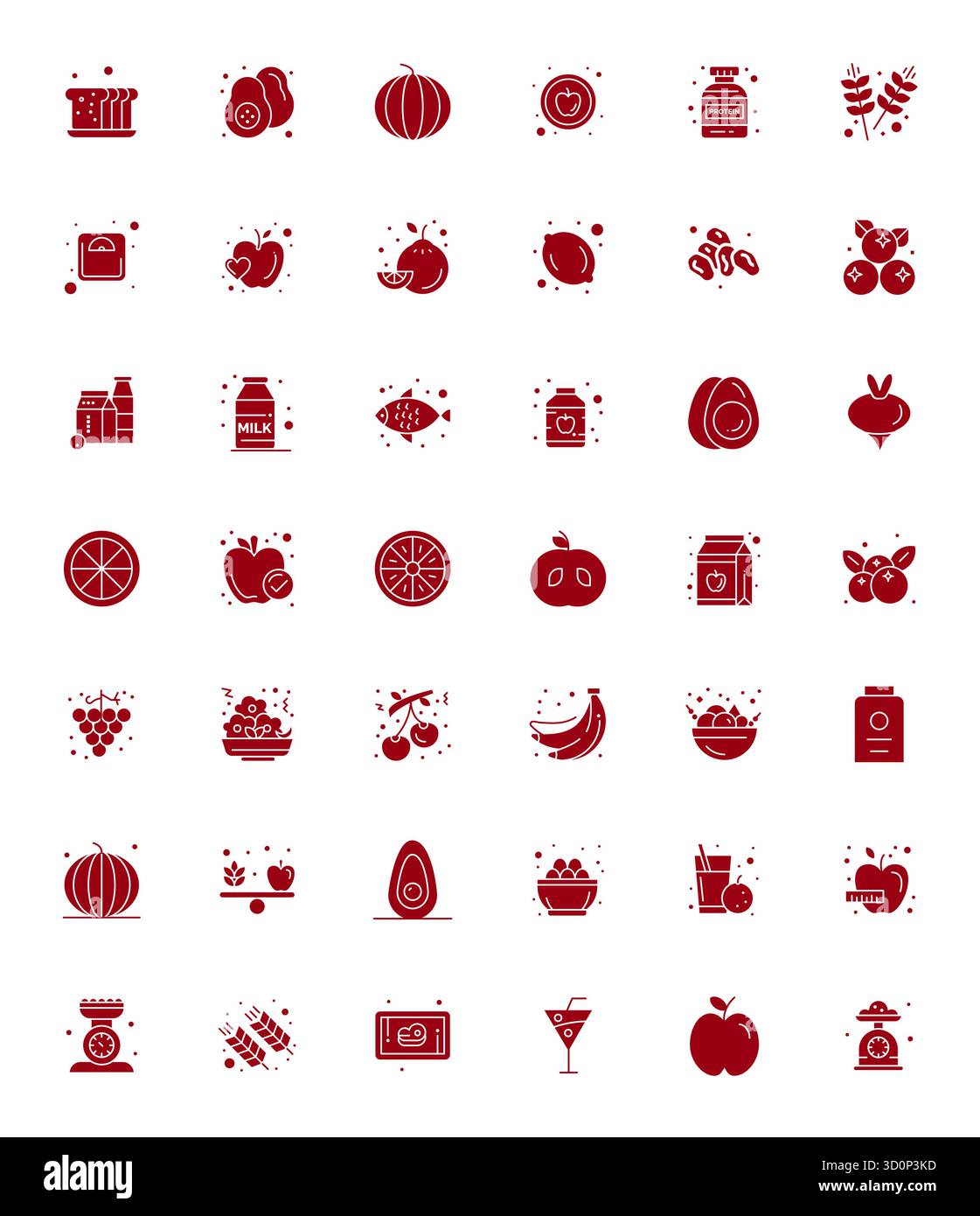 Un ensemble polyvalent de 42 icônes vectorielles alignées Filled Pixel axées sur la nutrition, livré dans un format 128x128 net idéal pour les applications mobiles et web. Illustration de Vecteur