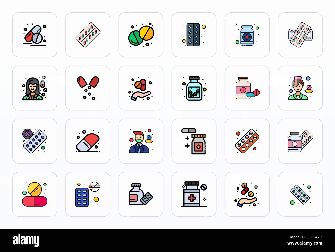 Pack leader de l'industrie de 24 icônes vectorielles modifiables Filled Line pour pilules, dimensionnées à 128x128 pour un rendu optimal et l'excellence de l'interface utilisateur. Illustration de Vecteur