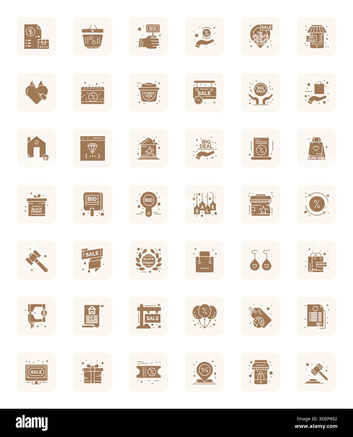 Pack vectoriel avec 42 icônes détaillées améliorées inspirées par Sale, livré en résolution 64x64 idéal pour le travail de conception évolutif et créatif. Illustration de Vecteur