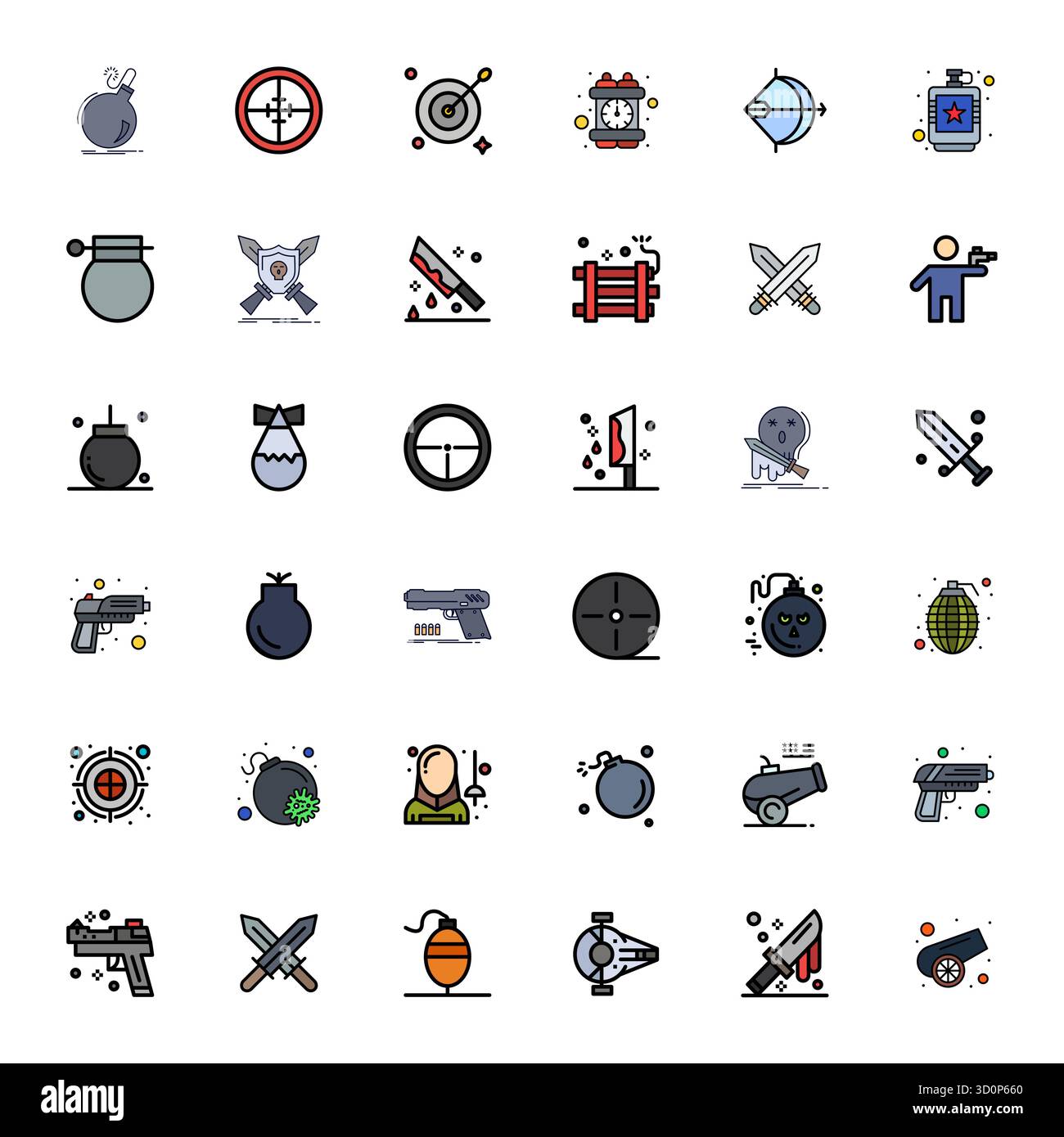 Collection premium de 36 icônes vectorielles remplies de Flat Line pour arme, méticuleusement conçues en 64x64 PIXELS résolution parfaite pour un impact visuel supérieur. Illustration de Vecteur