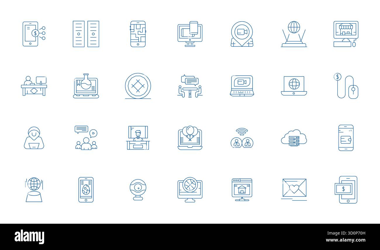 Pack organisé de 28 icônes vectorielles Retina Ready dans la conception Thin Line, centrées autour de concepts virtuels avec une clarté parfaite DE PIXEL. Illustration de Vecteur