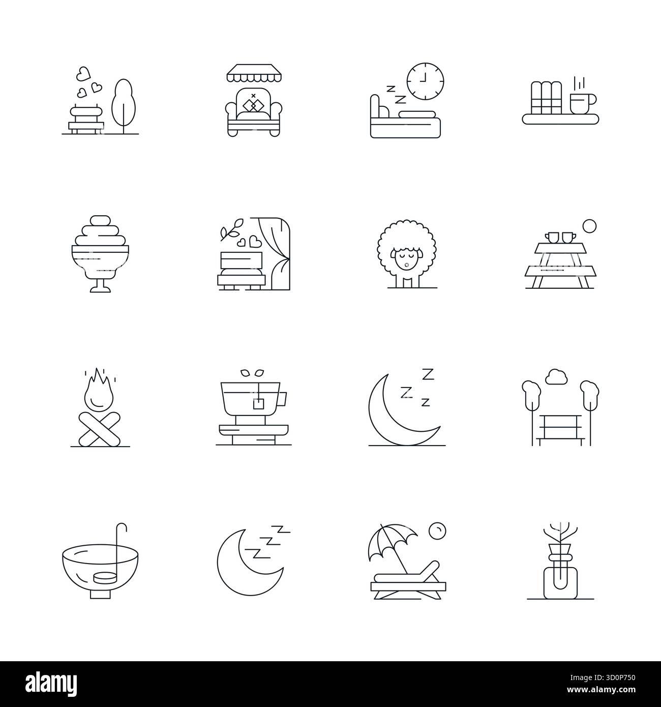 Collection exclusive de 16 icônes vectorielles Thin Line pour Relax, développée avec une résolution alignée 128x128 pixels pour des expériences de marque premium. Illustration de Vecteur