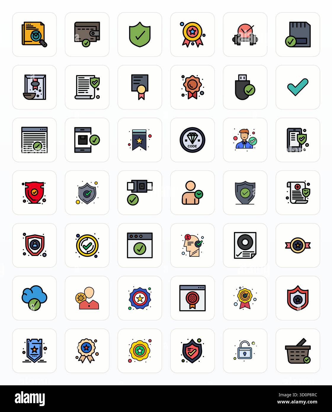 Pack essentiel d'icônes vectorielles optimisées de 42 pixels pour le format Verified in Filled Line, dimensionné à haute résolution pour des performances et une évolutivité optimales Illustration de Vecteur