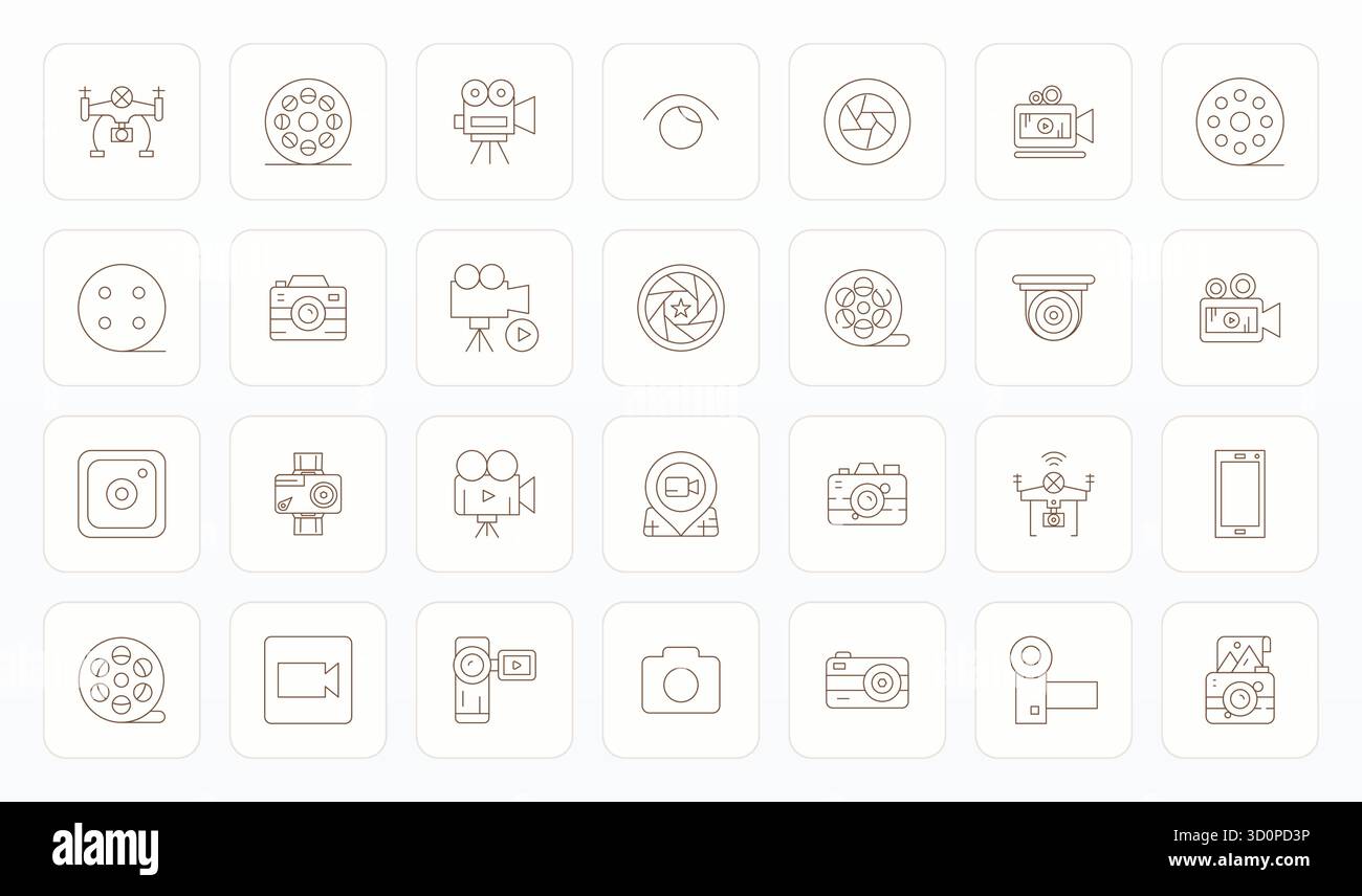 Magnifiquement rendu 28 Thin Line Detail icônes vectorielles améliorées pour appareil photo, créées à une résolution 64x64 pour une cohérence visuelle étonnante sur toute la plate-forme Illustration de Vecteur