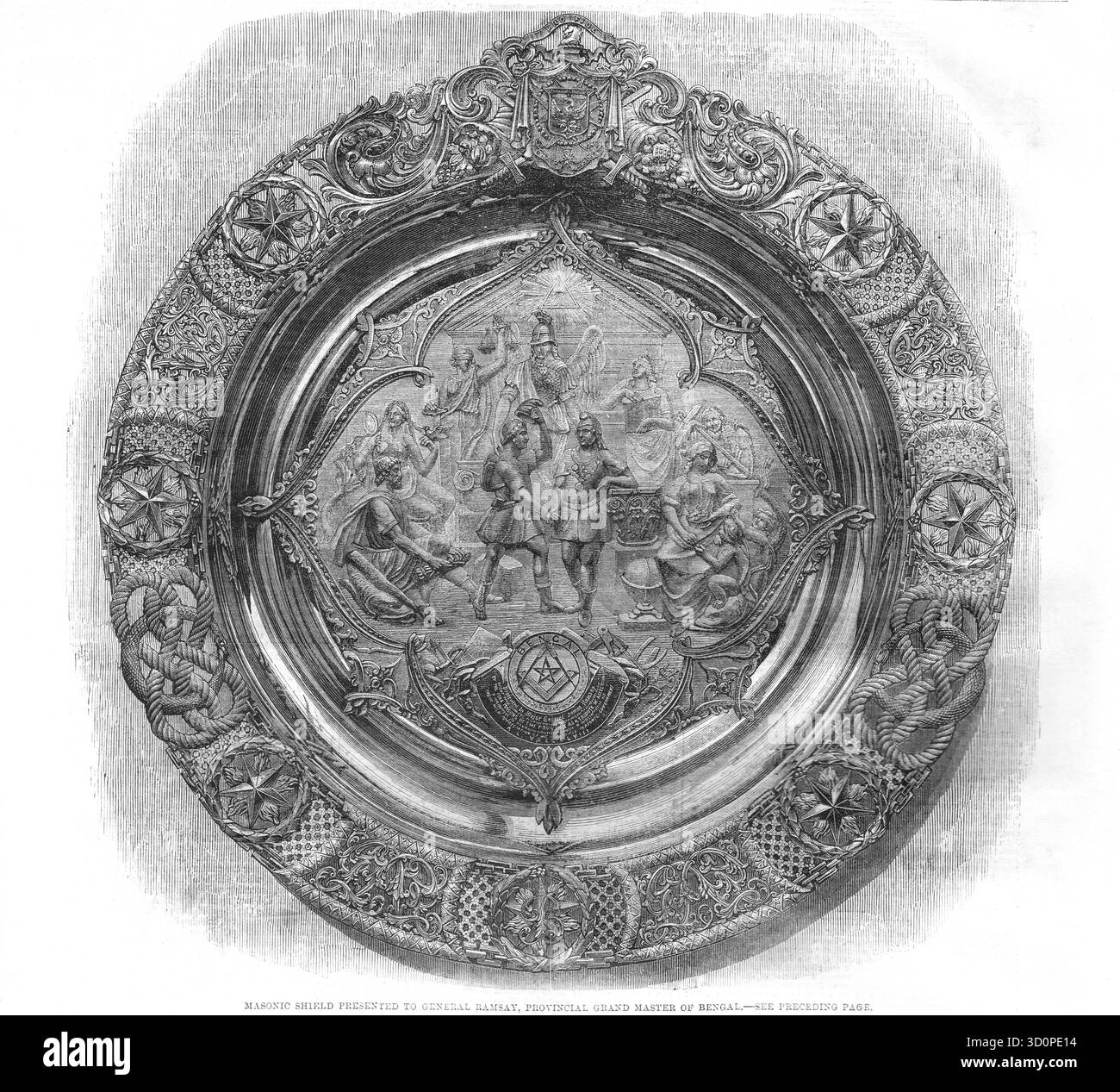 Bouclier maçonnique, remis au général Ramsay, Grand Maître provincial du Bengale, Inde Banque D'Images