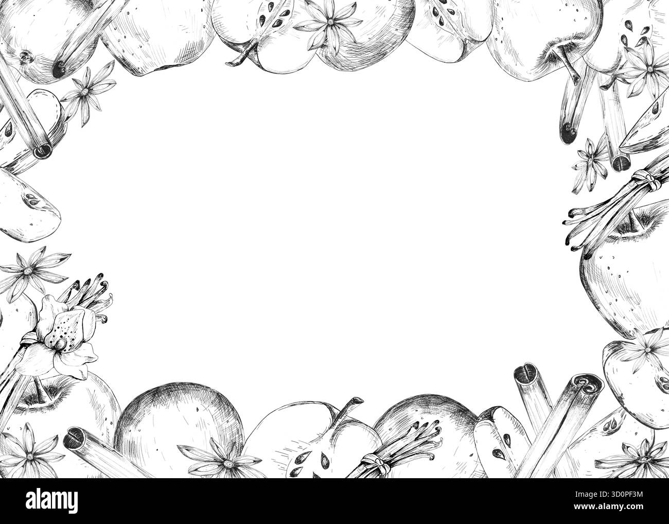 Cadre horizontal rectangulaire de pommes, tranches, cannelle, étoiles d'anis. Copier l'espace pour le texte. Clipart alimentaire d'automne. Illustration à l'encre dessinée à la main pour f Banque D'Images