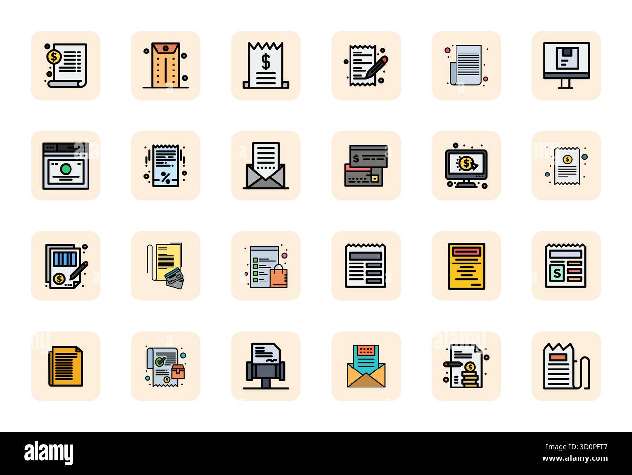 Cette collection comprend 24 icônes vectorielles alignées LineFilled Pixel adaptées au thème Receipt, optimisées au format 64x64 pour la conception numérique. Illustration de Vecteur