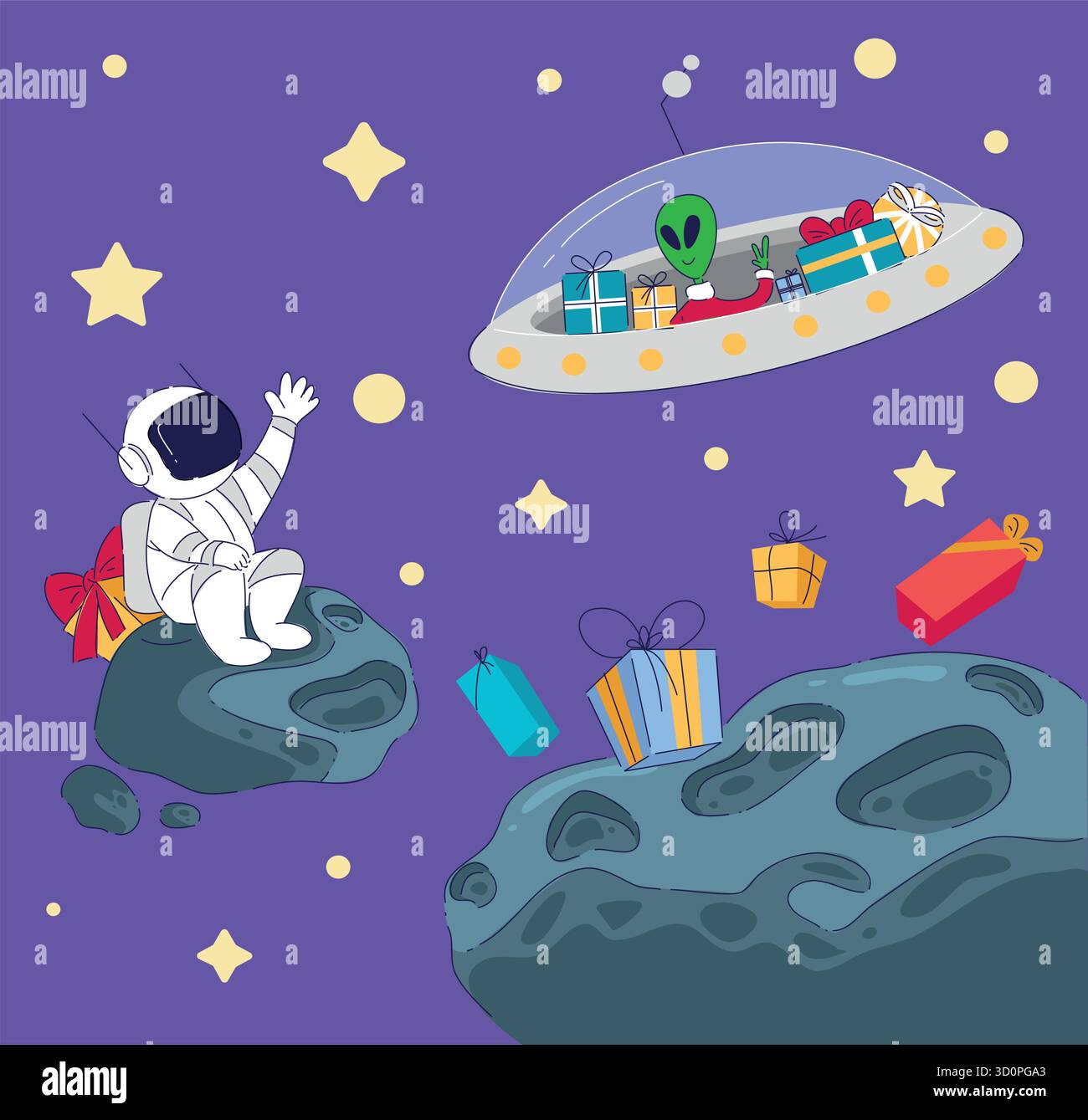 Un astronaute ondule joyeusement devant un vaisseau spatial extraterrestre coloré présentant des cadeaux uniques Illustration de Vecteur