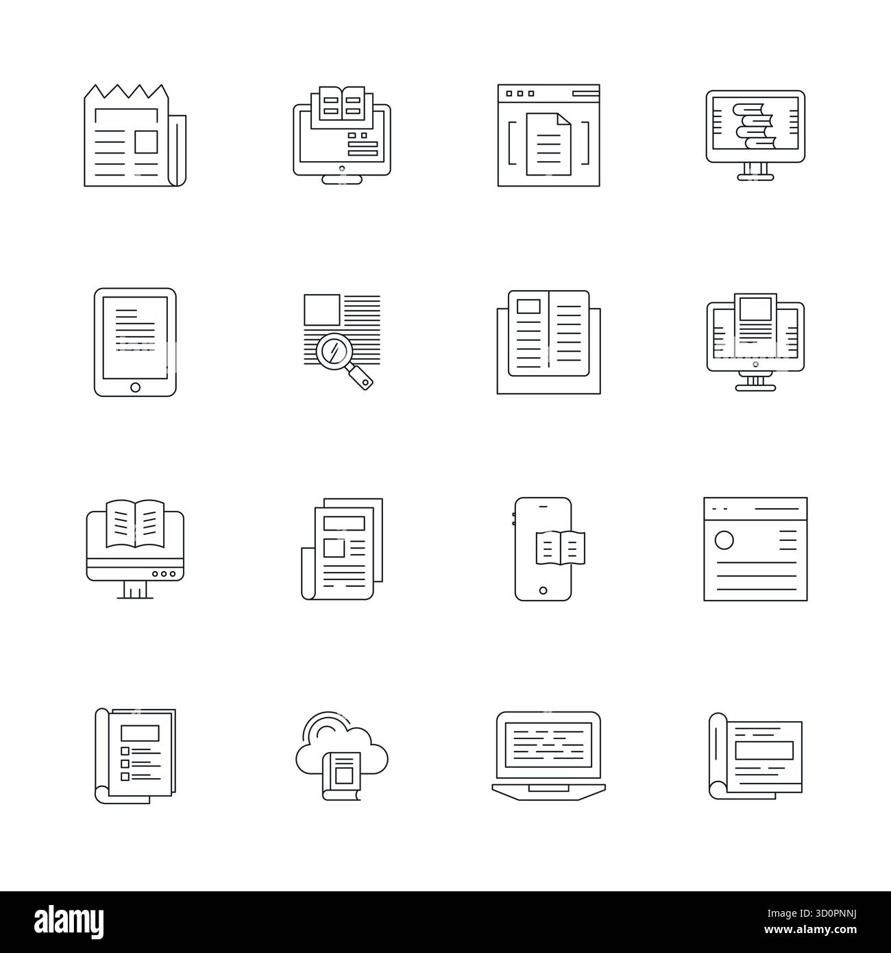 Ensemble révolutionnaire d'icônes vectorielles parfaites de 16 PIXELS inspirées par Reading Material, créé au format Thin Line à une résolution de 256x256 pour un de pointe Illustration de Vecteur