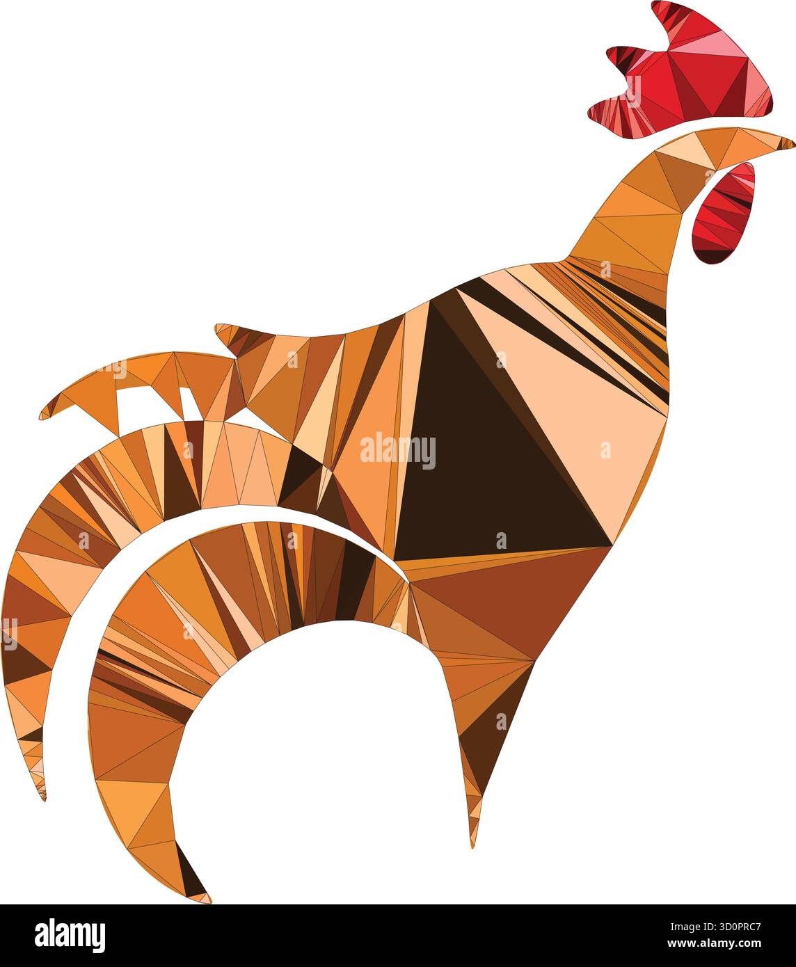 Motif coq polygonal abstrait créé avec des triangles géométriques dans des tons chauds orange et marron, avec peigne rouge et style moderne minimaliste. Illustration de Vecteur