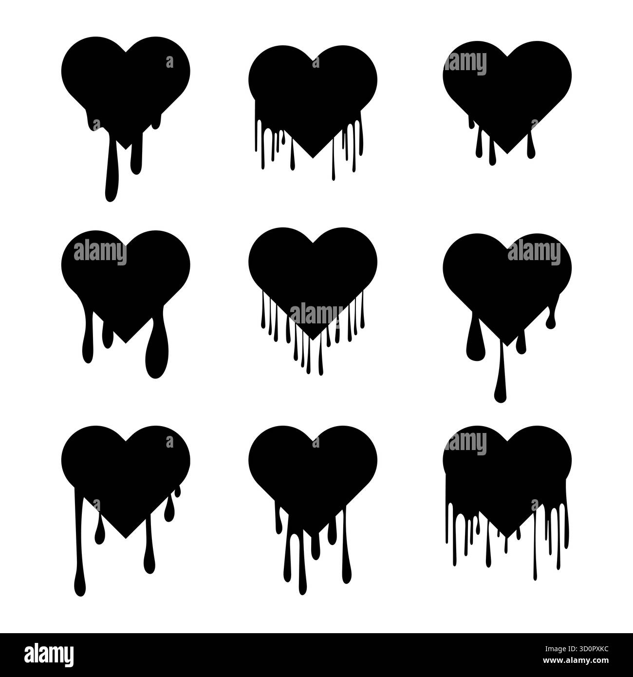 Ensemble de silhouettes de coeur goutte à goutte. Parfait pour les logos, les autocollants, l'art gothique, les designs romantiques ou la Saint-Valentin avec une esthétique sombre ou alternative. Illustration de Vecteur