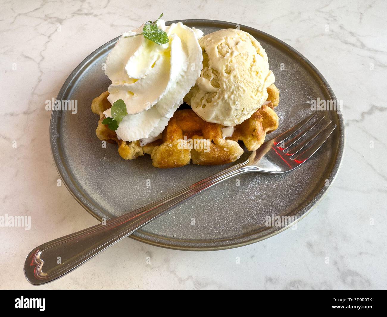 Gaufre simple avec glace à la vanille et crème fouettée fraîche Banque D'Images