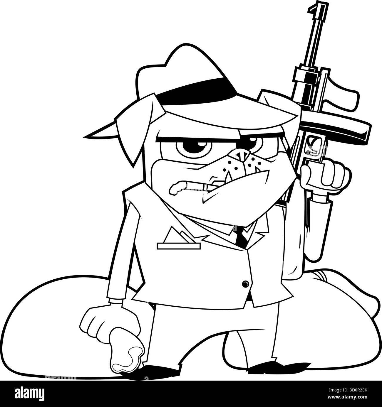 Décrit drôle de personnage de caricature de Mafia Pug tenant pistolet et sacs d'argent. Gangster Dog avec cigare. Illustration vectorielle dessinée à la main Illustration de Vecteur