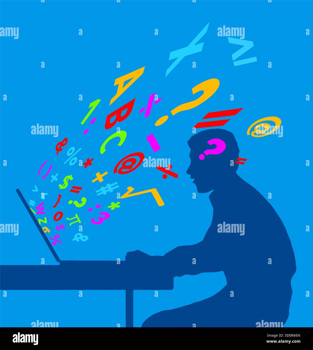 Un étudiant à son ordinateur alors que des informations lui échappent à partir de l'écran de l'ordinateur portable dans une illustration en 3D sur l'apprentissage. Illustration de Vecteur