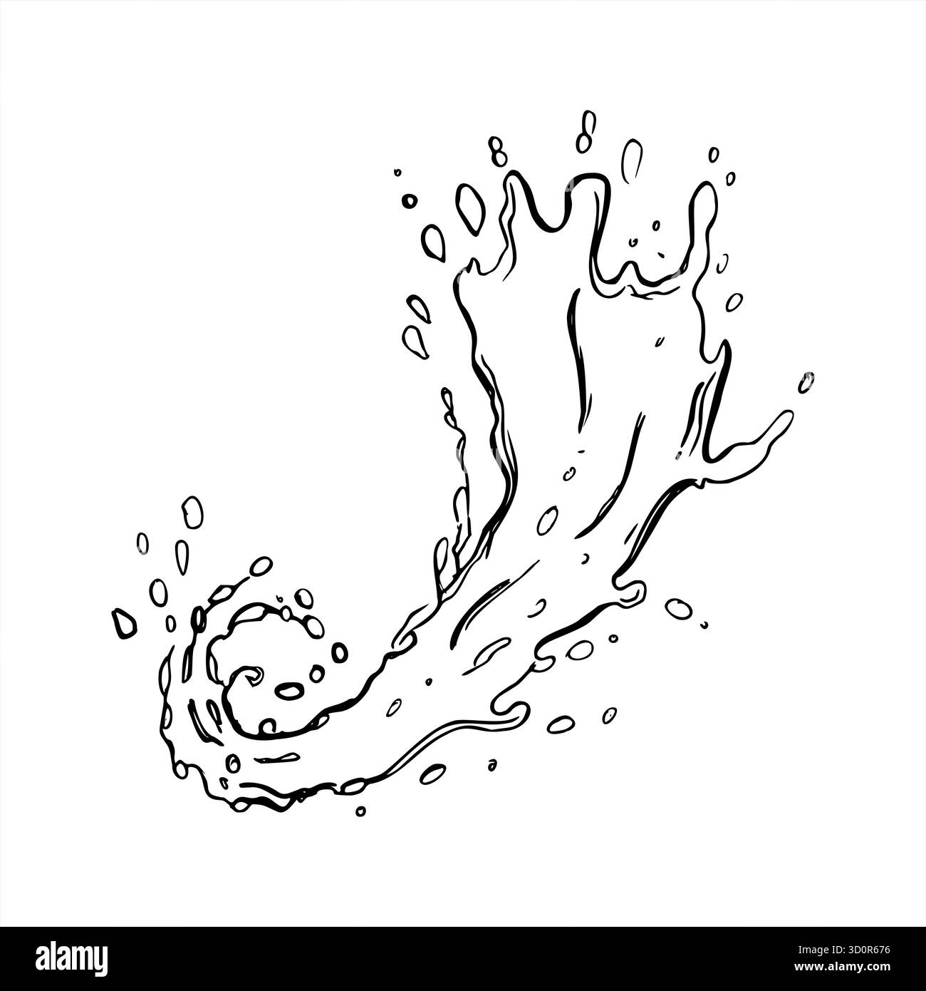 Vecteur monochrome abstrait eau et jus éclaboussure avec des gouttes volantes ligne art dessin à l'encre noire. Texture liquide éclaboussant avec des bulles Illustration de Vecteur