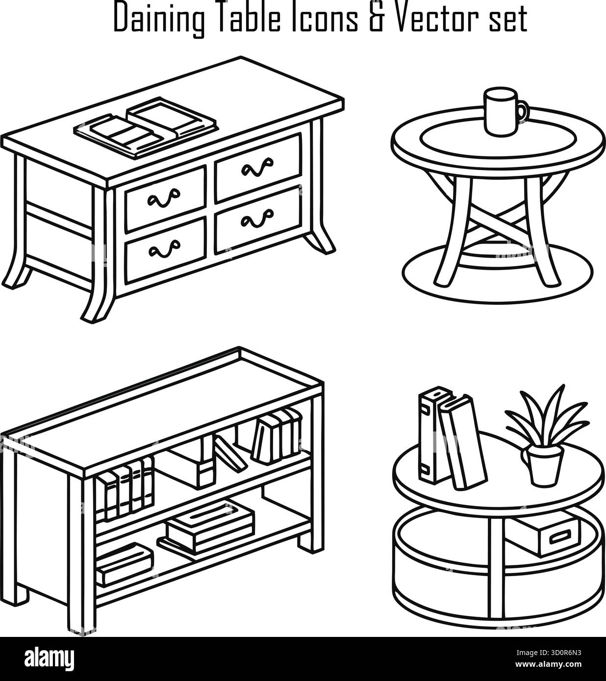 Ensemble d'icônes de table à manger, symbole de mobilier et de design d'intérieur, illustration de restauration de restaurant et de maison Illustration de Vecteur