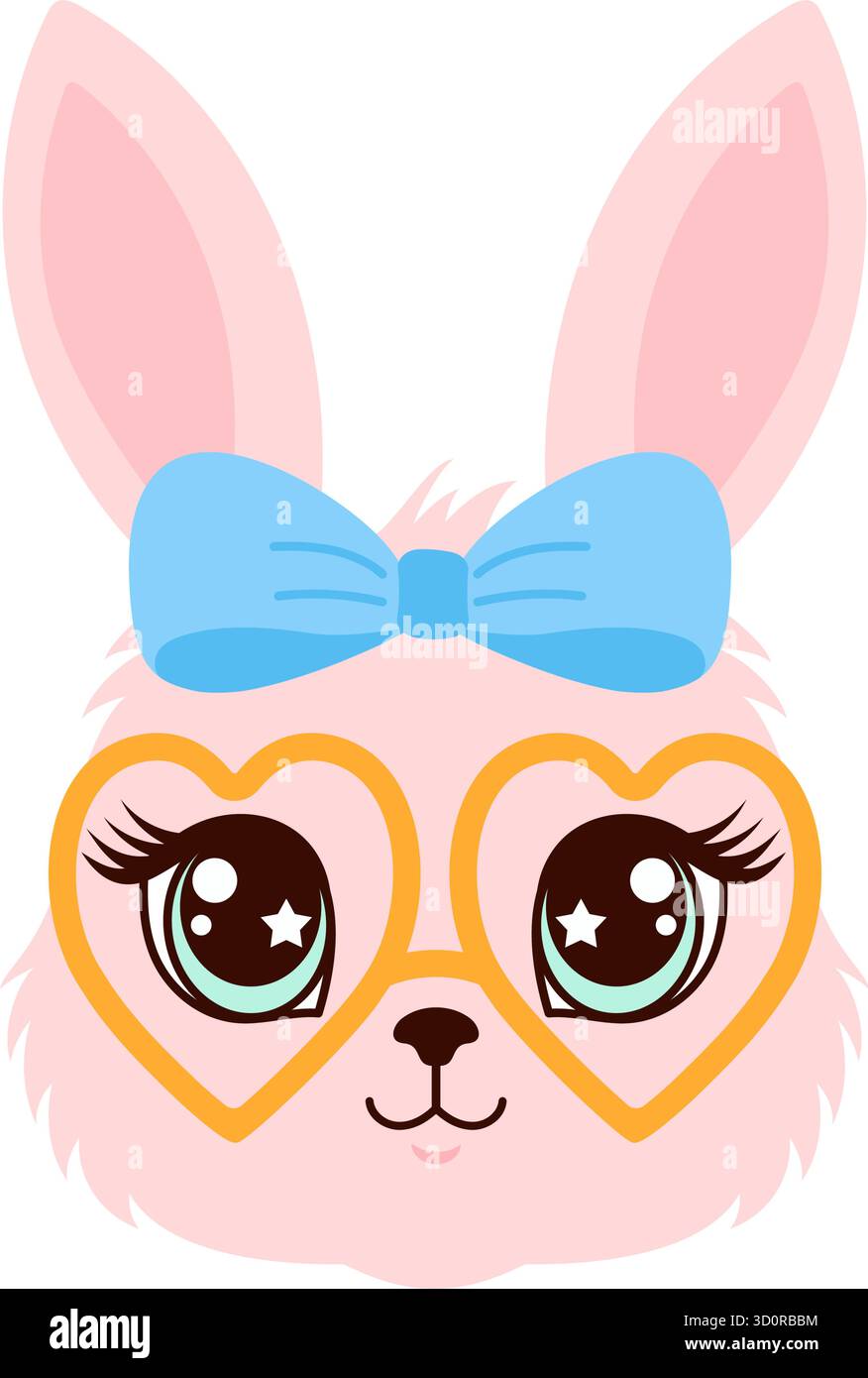Jolie illustration de visage de lapin rose avec un noeud bleu et des lunettes jaunes. Illustration de Vecteur