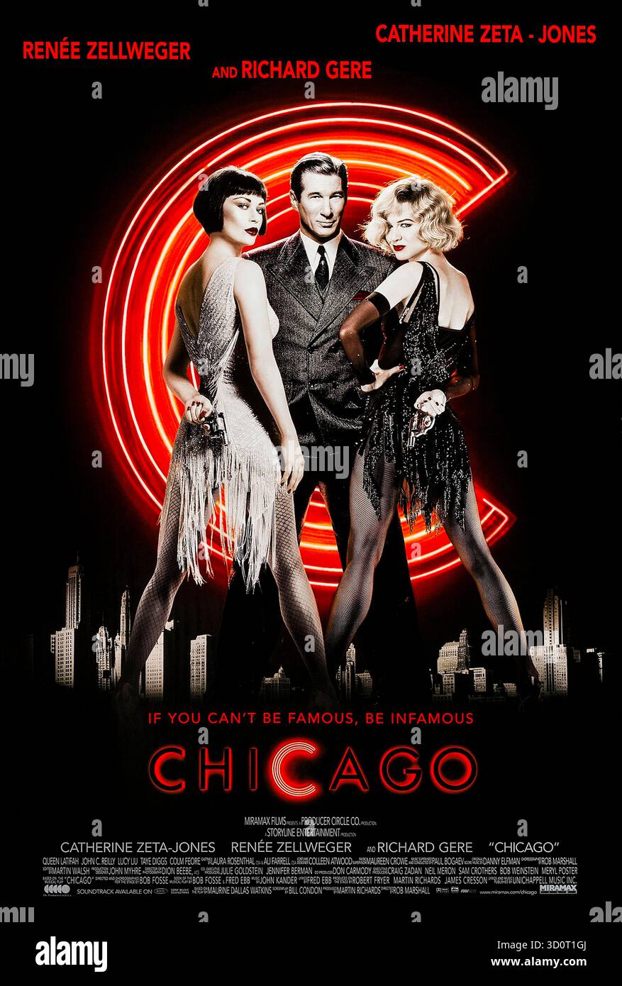 Chicago (2002) réalisé par Rob Marshall et mettant en vedette Renée Zellweger, Catherine Zeta-Jones et Richard Gere. Deux femmes ambitieuses deviennent rivales alors qu'elles luttent pour la gloire et la liberté après avoir été accusées de meurtre dans les années 1920 à Chicago. Photographie d'une affiche américaine originale de 2002 À USAGE ÉDITORIAL EXCLUSIF. Crédit : BFA / Miramax Banque D'Images