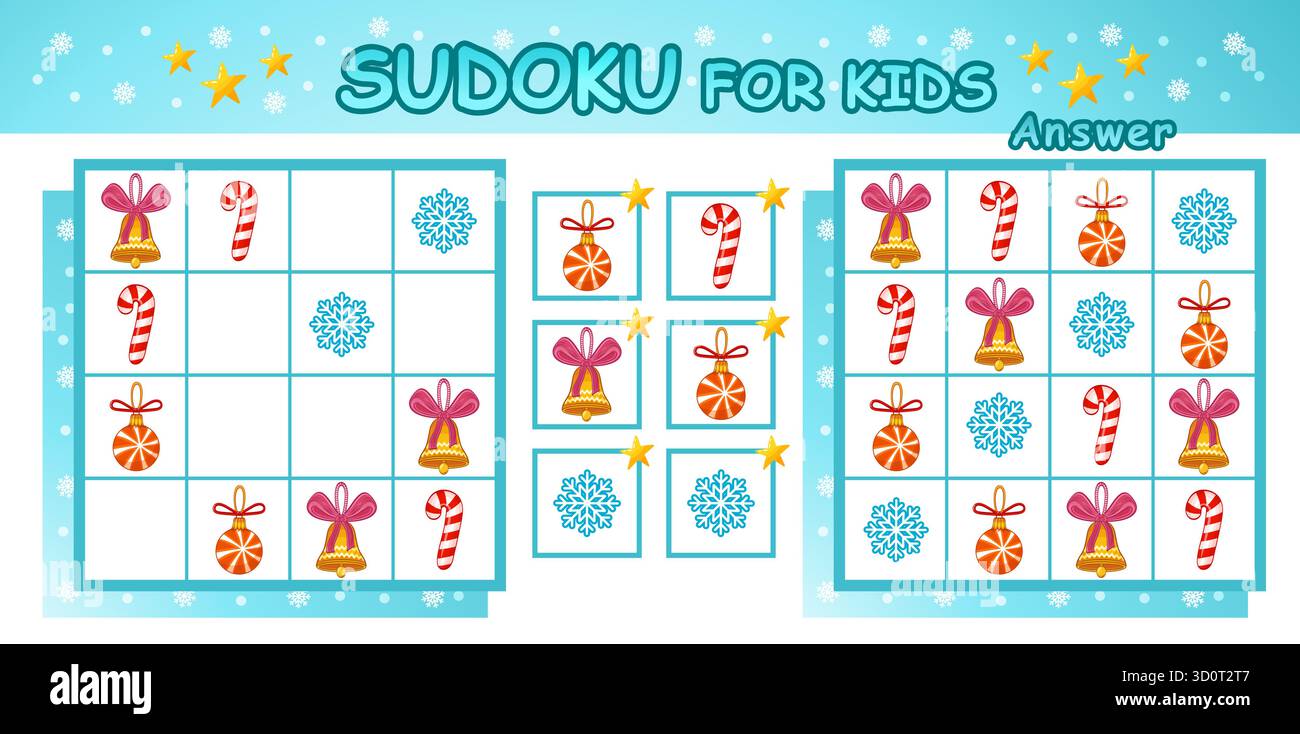 Jeu de puzzle d'éducation d'enfants de mots croisés de Sudoku, trouver des jouets de boule d'arbre de Noël manquants, cloche de jingle de décoration. Vecteur de feuille de travail d'apprentissage logique pour enfant Illustration de Vecteur