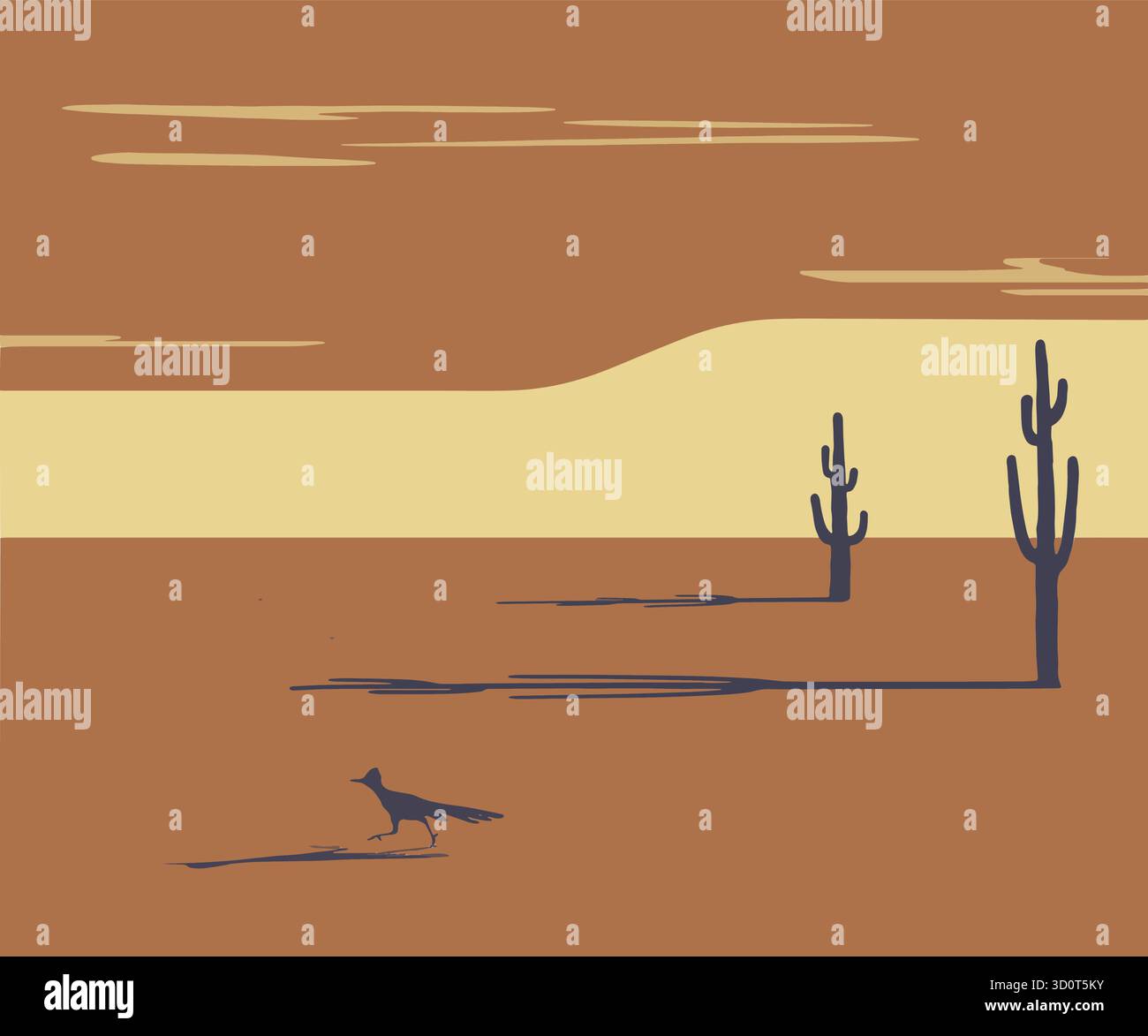 Voici un paysage désertique minimaliste graphique avec des cactus saguaro projetant de longues ombres et un oiseau roadrunner qui court. Zone de texte et espace de copie availa Illustration de Vecteur