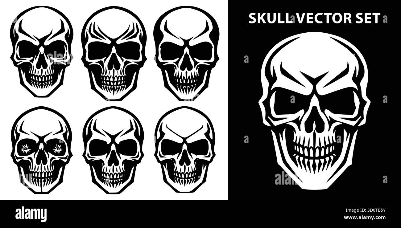 Skull Vector Set – icônes de style tatouage audacieux pour les graphiques d'Halloween, la marque gothique et les projets de conception avant-gardiste, Skull Silhouette Vector Set. Illustration de Vecteur