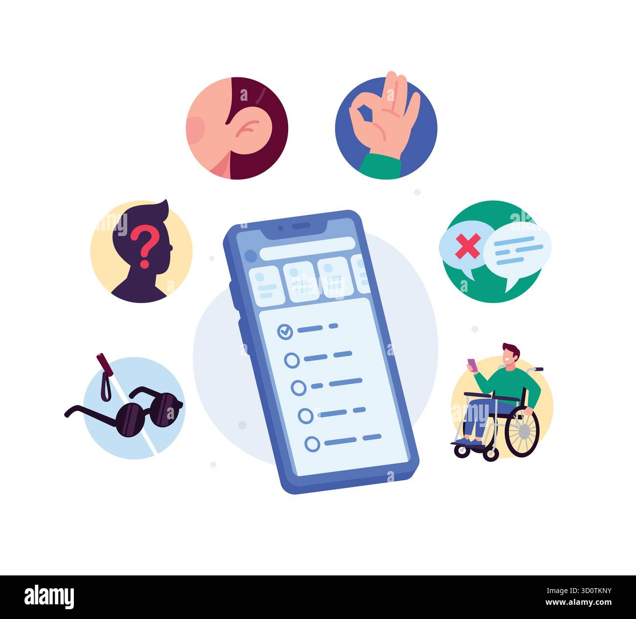 Une illustration avec un écran de smartphone, entouré de symboles : oreilles, gestes, tiques et croix, ainsi qu'un homme en fauteuil roulant. Le thème est acc Illustration de Vecteur