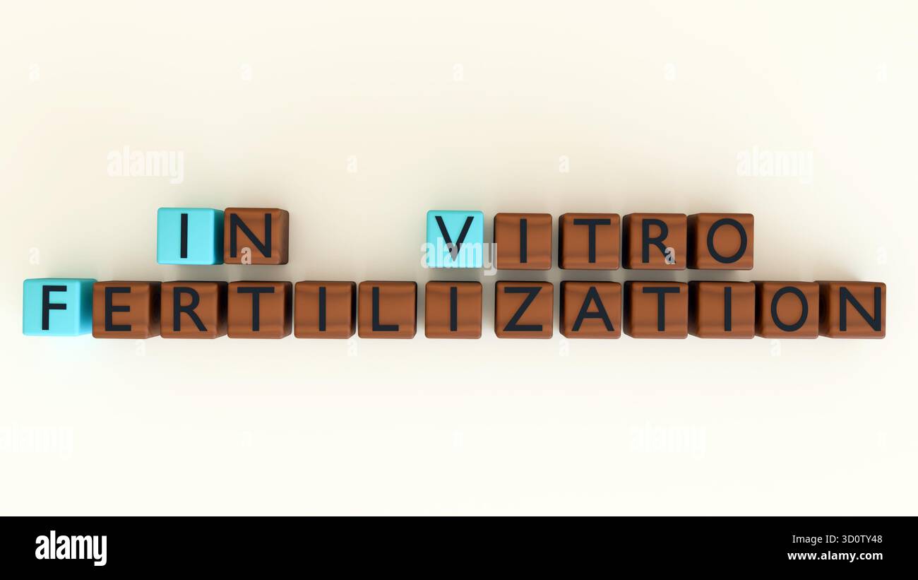 Illustration en 3D de blocs de lettres indiquant « FÉCONDATION IN VITRO » et « FIV » Banque D'Images