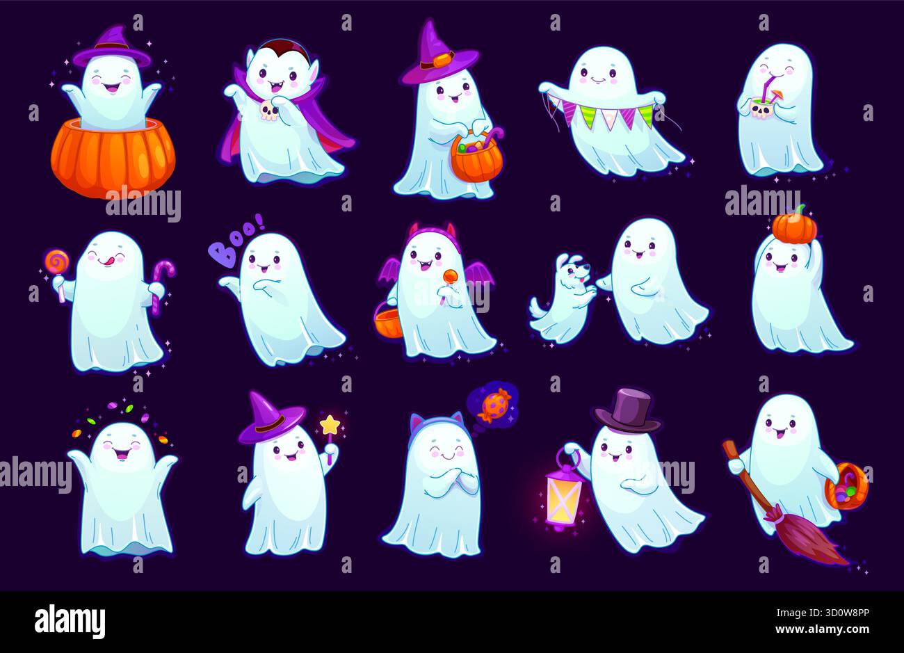 Personnages vectoriels fantômes Kawaii de dessin animé Halloween Illustration de Vecteur