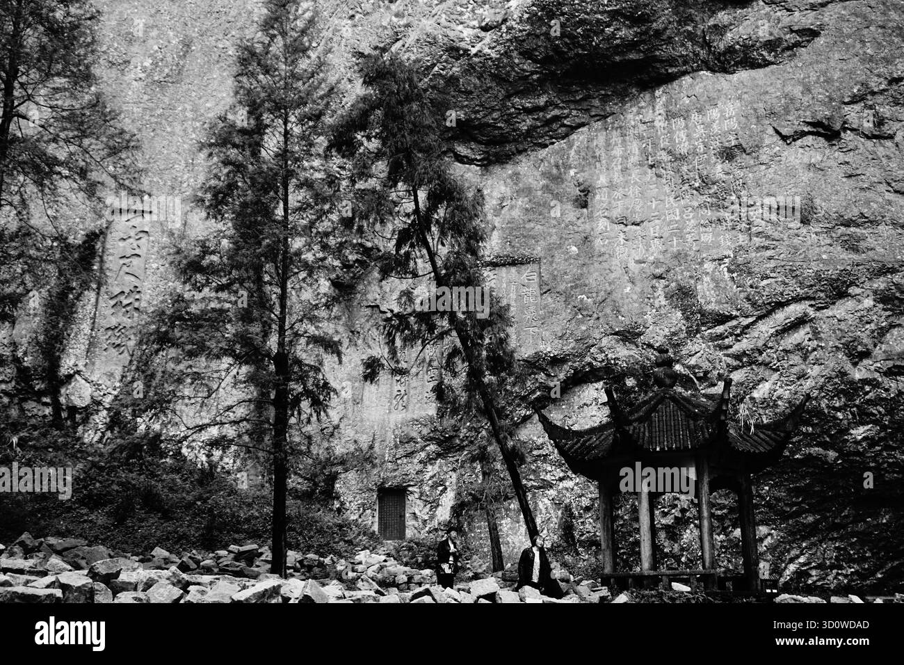 Montagnes de Yandang, comté de Yueqing, Wenzhou (Zhejiang), Chine : inscriptions sur les falaises d'une cascade de dragon géant dans la zone pittoresque de Dalongqiu Banque D'Images