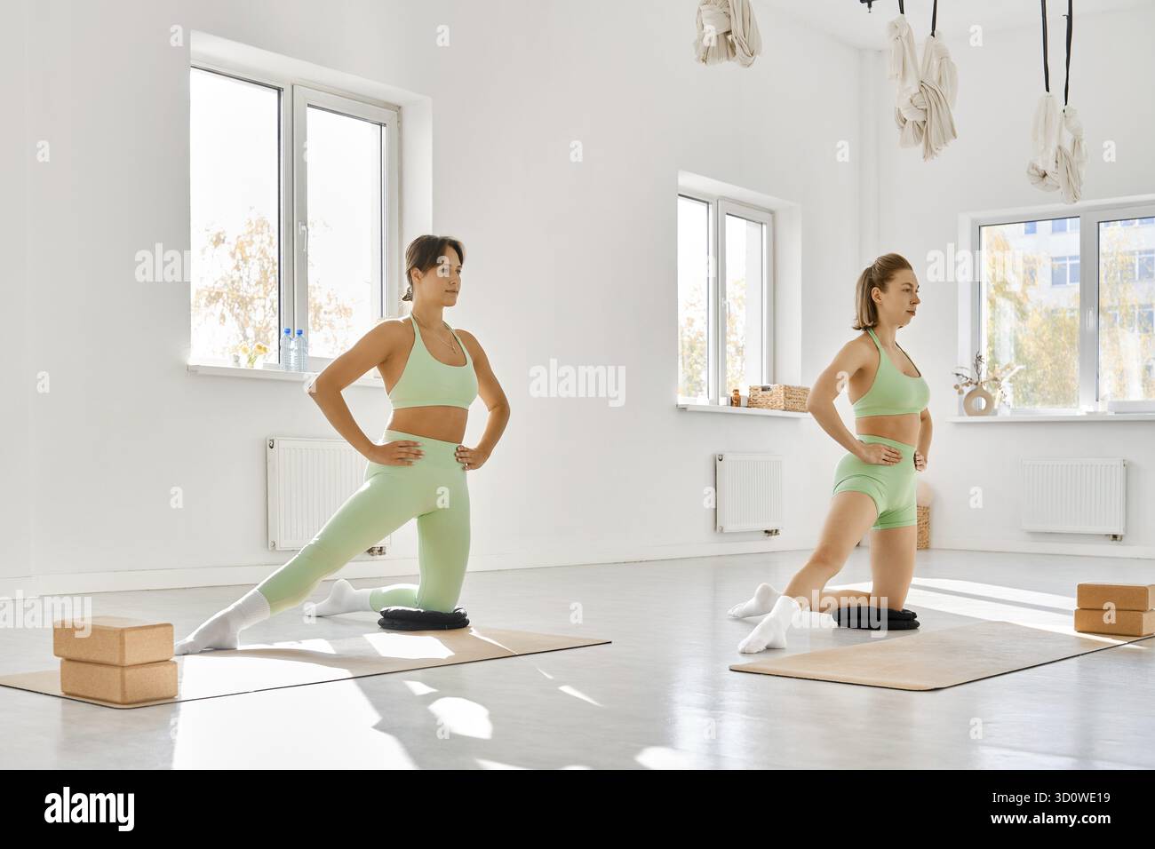 Dans un studio spacieux rempli de lumière naturelle, deux femmes effectuent des exercices d'étirement sur des tapis. Ils utilisent des blocs de yoga pour le soutien et portent confortable Banque D'Images