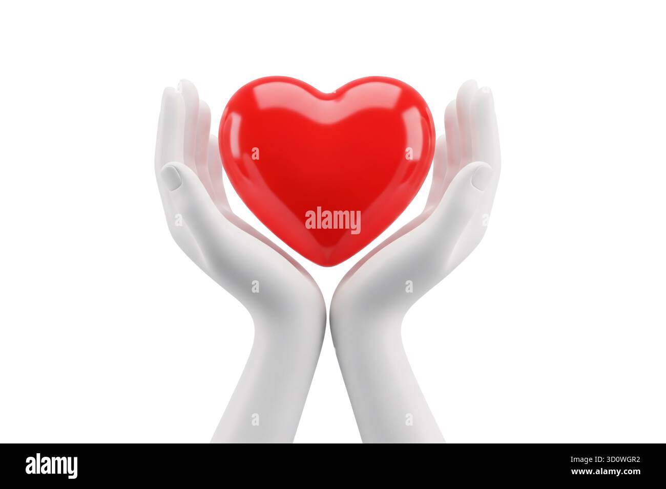 rendu 3d des mains blanches tenant doucement un cœur rouge brillant symbolisant l'amour et le soin, isolé sur fond blanc. Banque D'Images