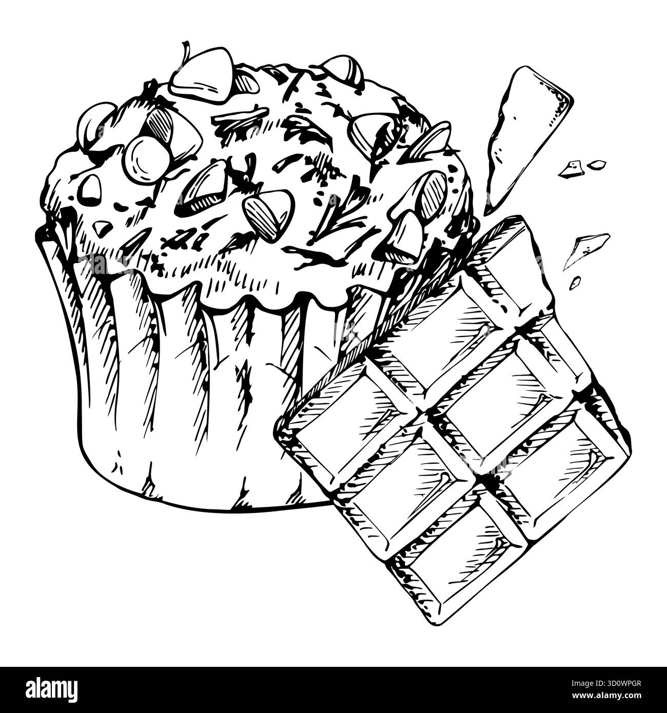 Cupcake en papier cannelé, muffin avec morceaux de chocolat et garnitures saupoudrées. Illustration de dessert isolé dessinée à la main à l'encre vectorielle. Artisanal Illustration de Vecteur