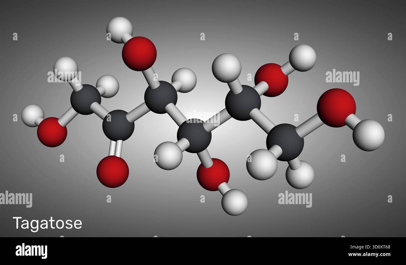 Molécule de tagatose E957. Édulcorant hypocalorique pour les aliments et les boissons, faible indice glycémique, avantages de la fermentation prébiotique.modèle moléculaire. Rendu 3D. Banque D'Images