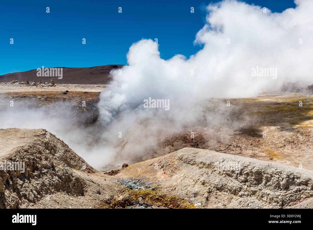 Activité fumerole volcanique au geyser avec vapeur à sol de Manana (soleil du matin), montagnes des Andes, Uyuni, Bolivie. Banque D'Images