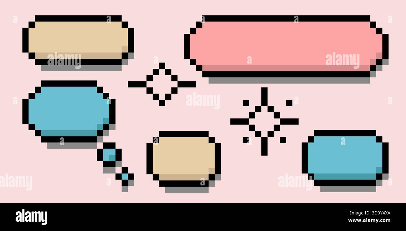 Pixel art discours et bulles de pensée dans des tons pastel doux. Boîtes parlantes rétro 8 bits et cadres de dialogue pour l'interface utilisateur de jeux vidéo, les graphiques d'applications mobiles ou Illustration de Vecteur