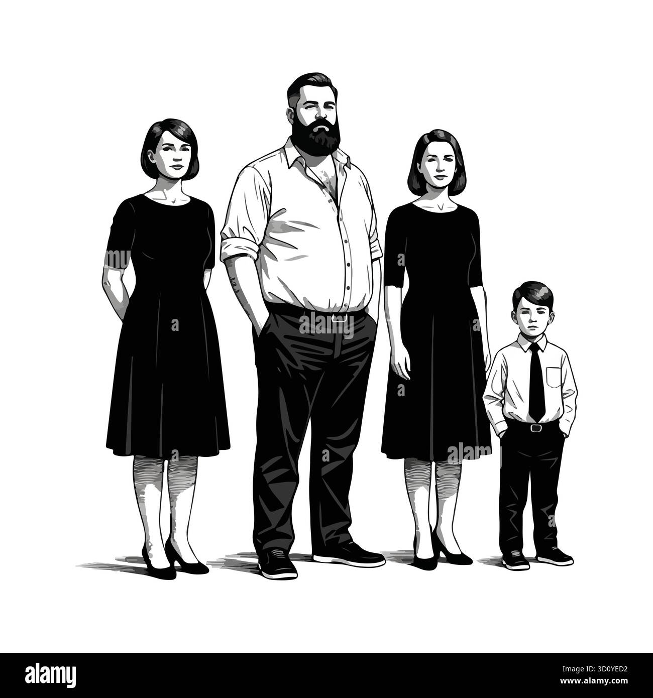 Illustration en noir et blanc d'un portrait de famille Illustration de Vecteur