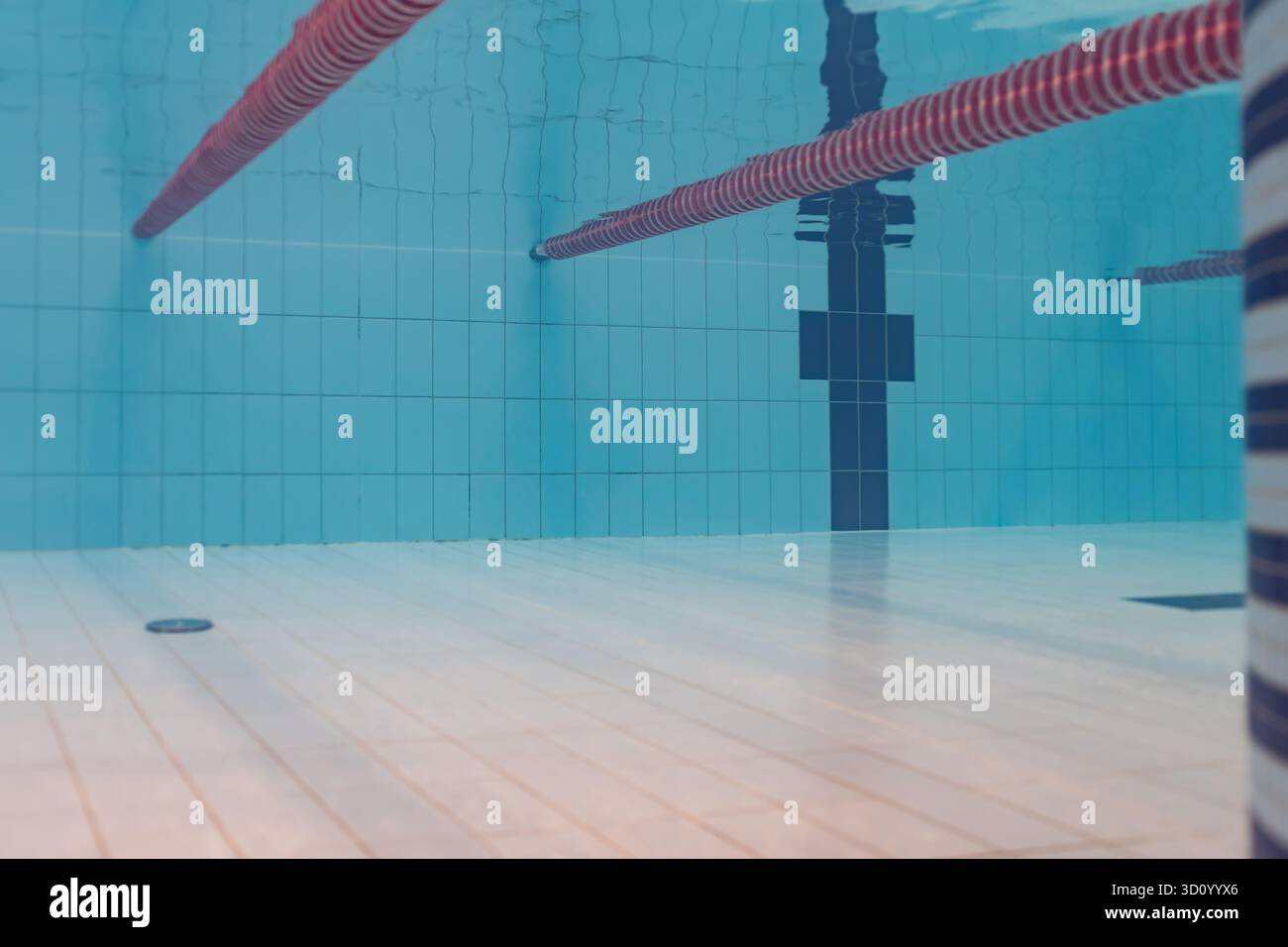 Vue sous-marine d'une piscine vide avec des cordes rouges, des murs carrelés bleus et un fond carrelé clair. Banque D'Images