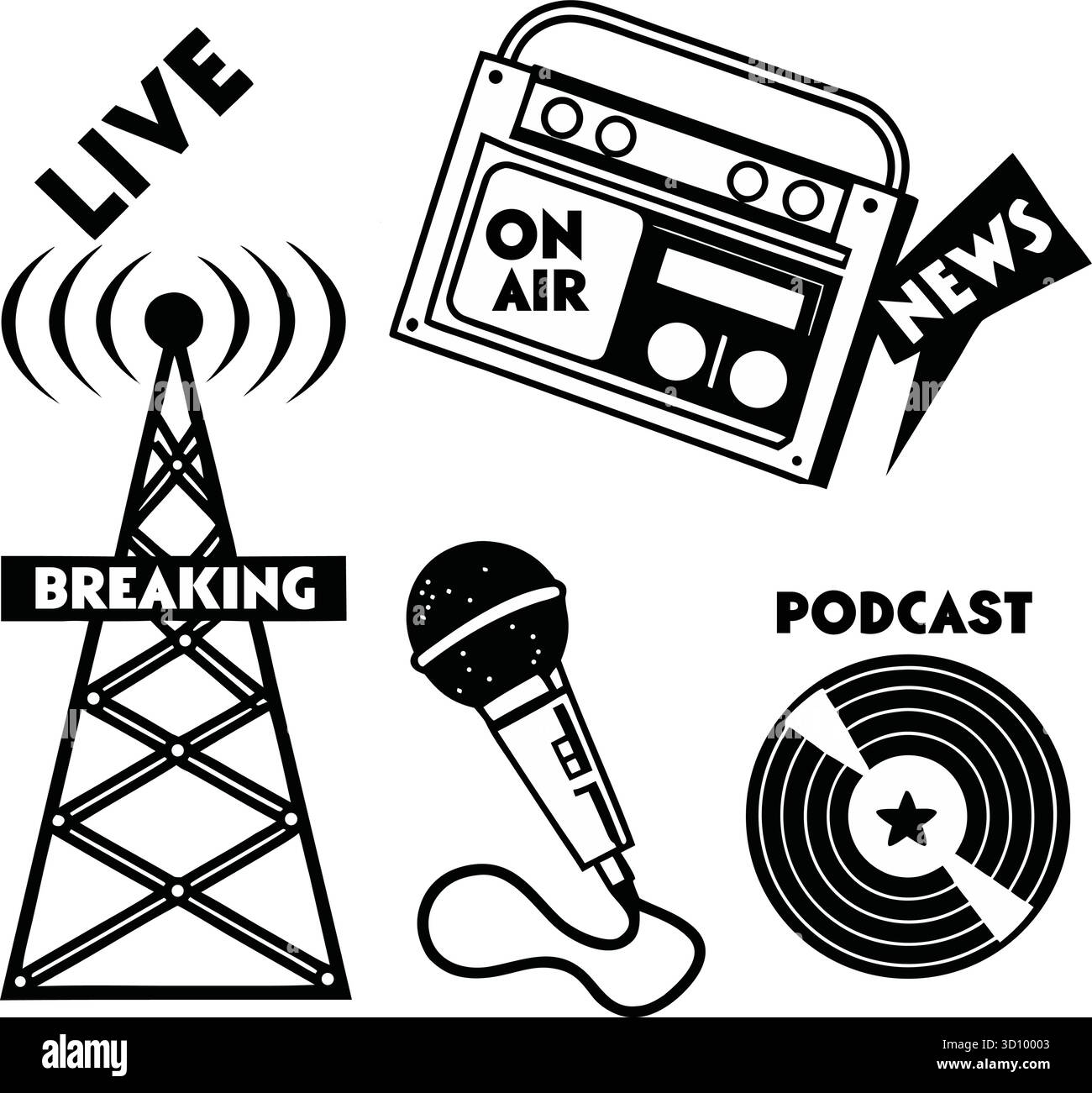 Actualités en direct, diffusions radio et icônes multimédia de podcast Illustration de Vecteur