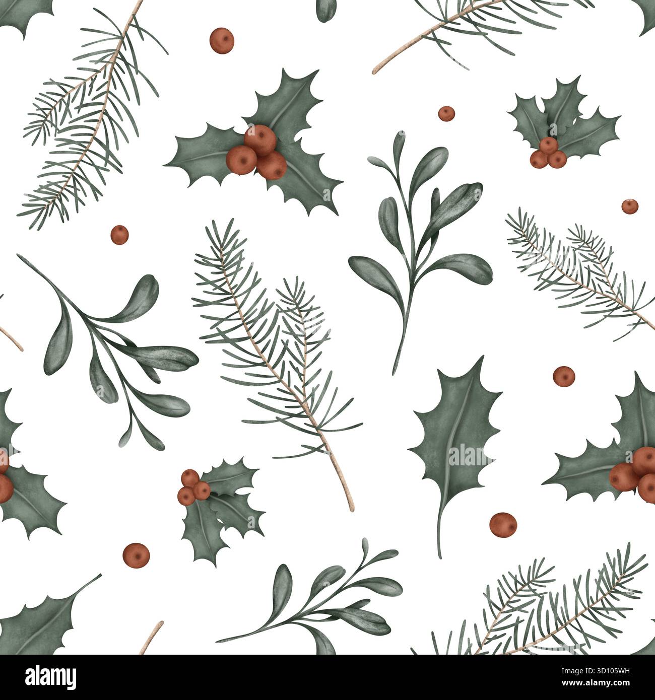 Aquarelle modèle sans couture de branches avec des baies rouges de Noël d'ilex et branches de sapin. Illustration de dessin à la main sur fond isolé Banque D'Images