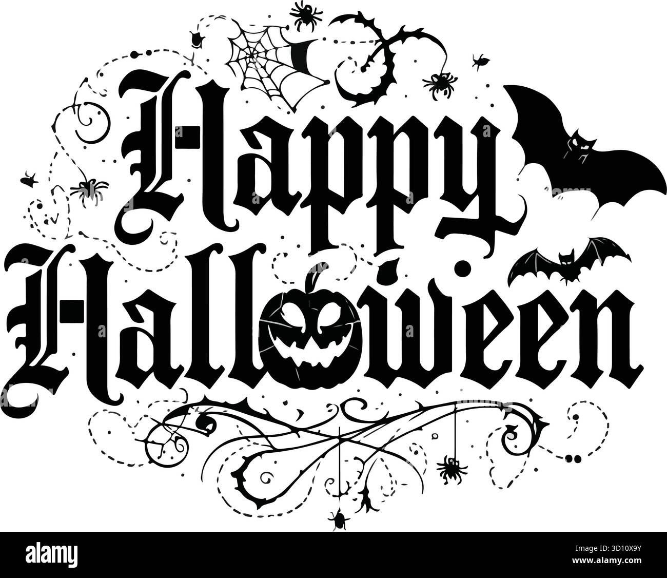 Joyeux lettrage d'Halloween. Calligraphie manuscrite avec toile d'araignée et chauves-souris pour cartes de vœux, affiches, bannières, flyers et invitations. Joyeux Hallow Illustration de Vecteur