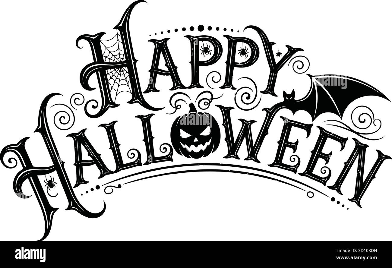 Joyeux lettrage d'Halloween. Calligraphie manuscrite avec toile d'araignée et chauves-souris pour cartes de vœux, affiches, bannières, flyers et invitations. Joyeux Hallow Illustration de Vecteur
