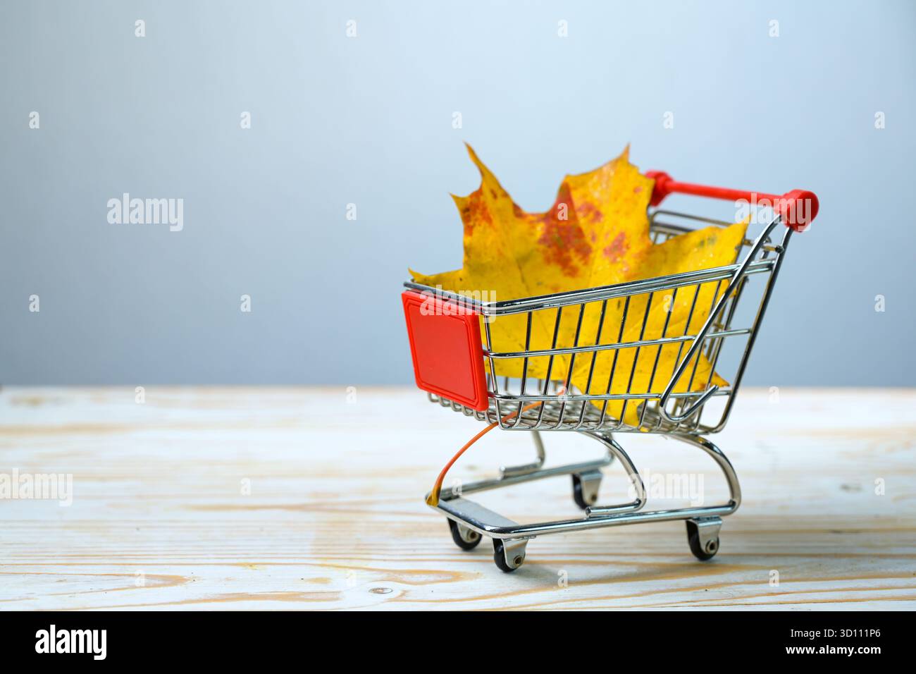 Vente d'automne, panier avec une feuille d'érable orange-jaune sur bois clair sur un fond gris-bleu, concept de publicité saisonnière, espace de copie, Banque D'Images