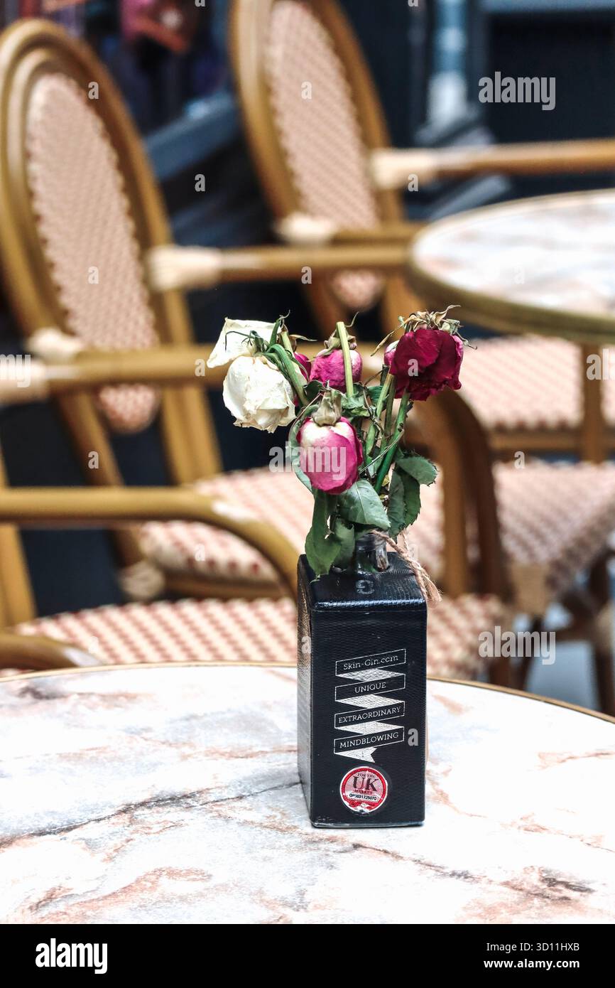 Cardiff, pays de Galles - 15 août 2022 : gros plan de roses séchées dans une bouteille de gin recyclé utilisée comme vase sur une table de café en marbre dans l'arcade de Cardiff Banque D'Images
