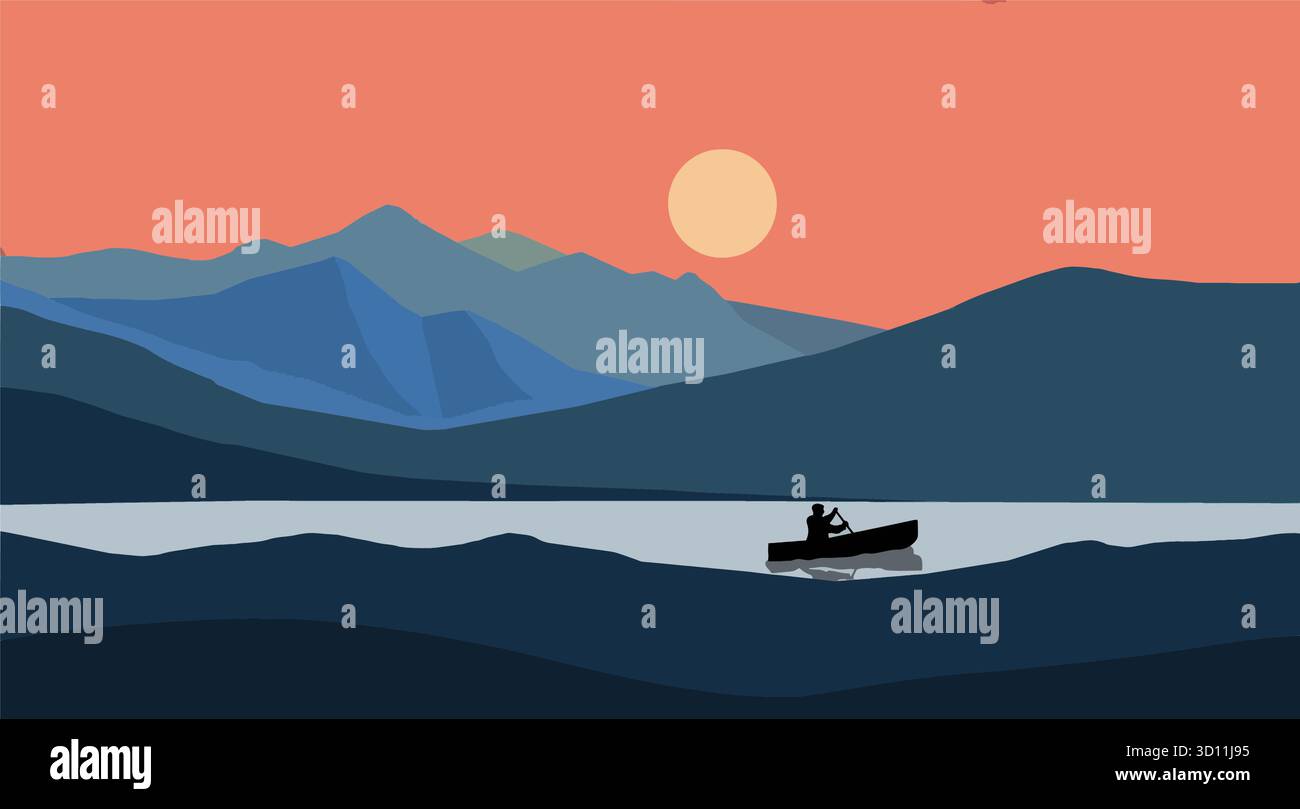Un homme dans un canoë est vu sur un lac de montagne au coucher du soleil dans une illustration d'art plat. Illustration de Vecteur