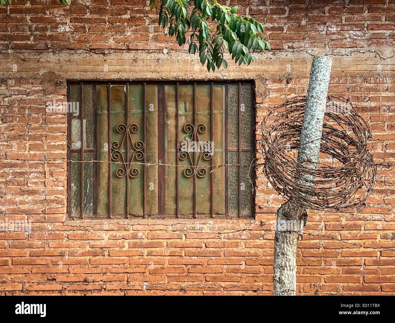 Maison de briques, fenêtre et barbelés ; Chacala, Nayarit, Mexique Banque D'Images
