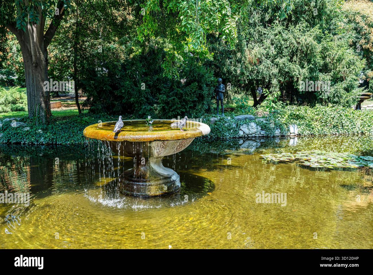 Scène de parc paisible dans le jardin du tsar Simeon, Plovdiv, avec une fontaine d'eau ronde avec des pigeons et une statue de garçon jouant de la flûte. Banque D'Images
