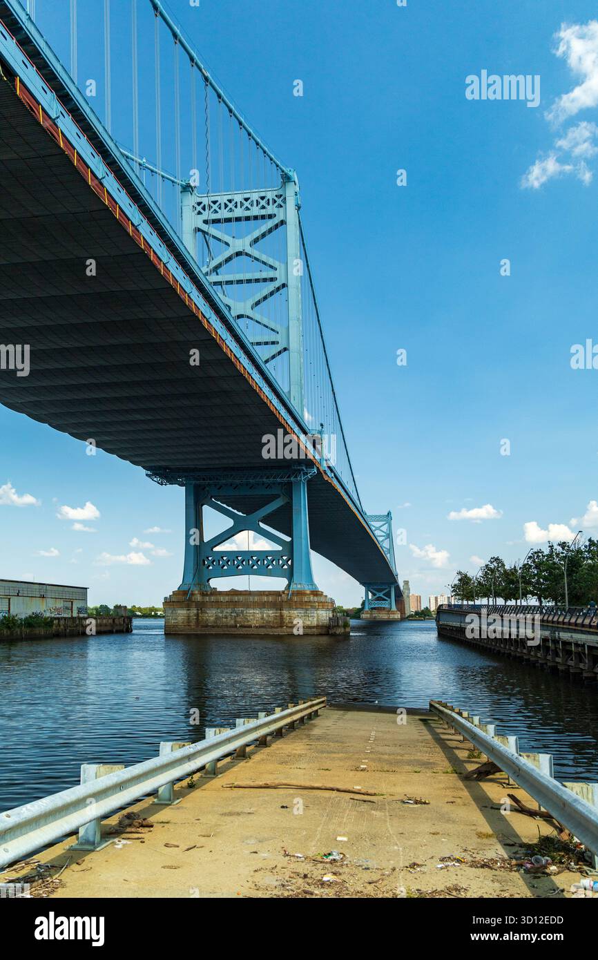 Le pont Benjamin Franklin enjambe un plan d'eau, avec un ciel bleu clair au-dessus. Le pont est grand et s'étend sur une longue distance Banque D'Images Le pont Benjamin Franklin enjambe un plan d'eau, avec un ciel bleu clair au-dessus. Le pont est grand et s'étend sur une longue distance Banque D'Images