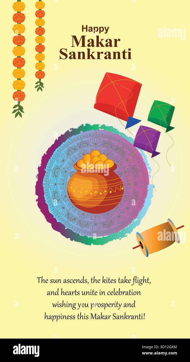 Makar Sankranti souhaite fond avec ciel coloré et soleil Illustration de Vecteur