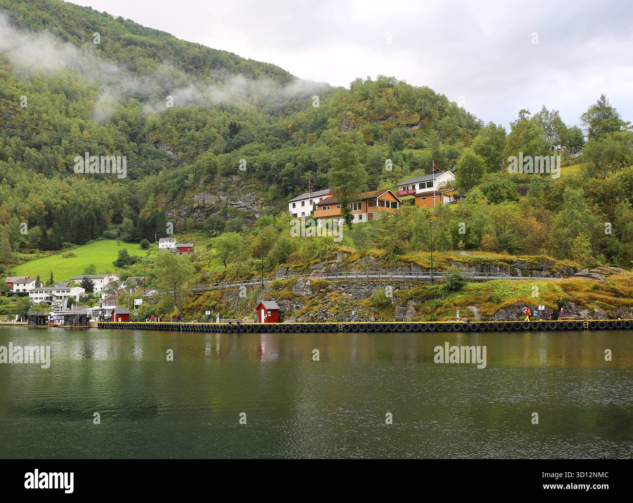 Flam, Norvège-16 septembre 2025 : personnes non identifiées marchant près de la marina, de la forêt nuageuse et des bâtiments avec drapeaux norvégiens Banque D'Images
