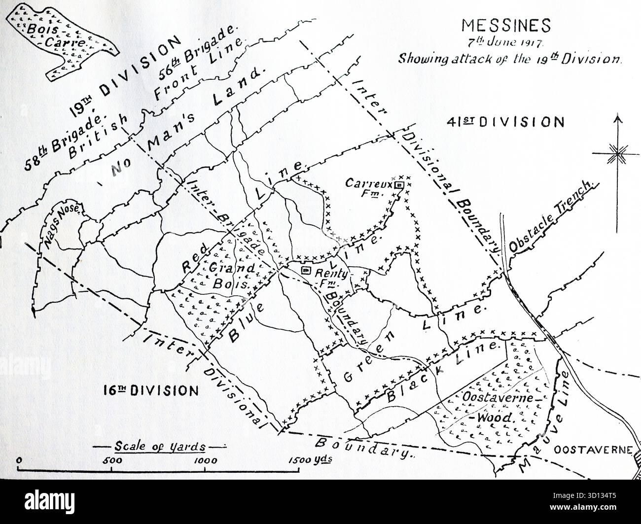 Un plan montrant l'attaque de la 19e division à Messines, le 7 juin 1917 : le 7 juin 1917, la 19e division britannique (ouest) joue un rôle clé dans la bataille de Messines, avançant de Vierstraat vers Oosttaverne après l'explosion de mines massives sous les lignes allemandes. Leur attaque faisait partie d'une offensive méticuleusement planifiée qui sécurisait la crête de Messines stratégiquement vitale. D'après une image imprimée publiée en 1932 par Western mail et Echo Ltd sous le titre : The History of the Welch Regiment. Banque D'Images